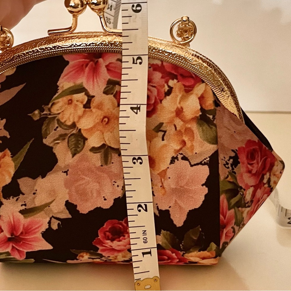 Floral Kiss Lock Clutch Gold Hoop Handle Purse - Picture 10 of 14